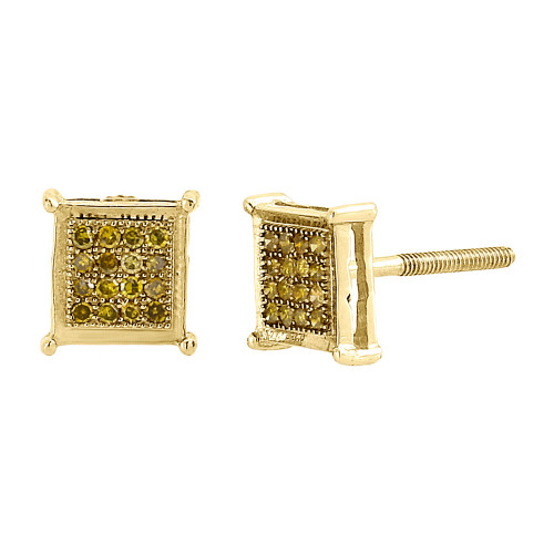 Mens Yellow Diamond Square Stud Earrings 14K White Gold 0.72 ct